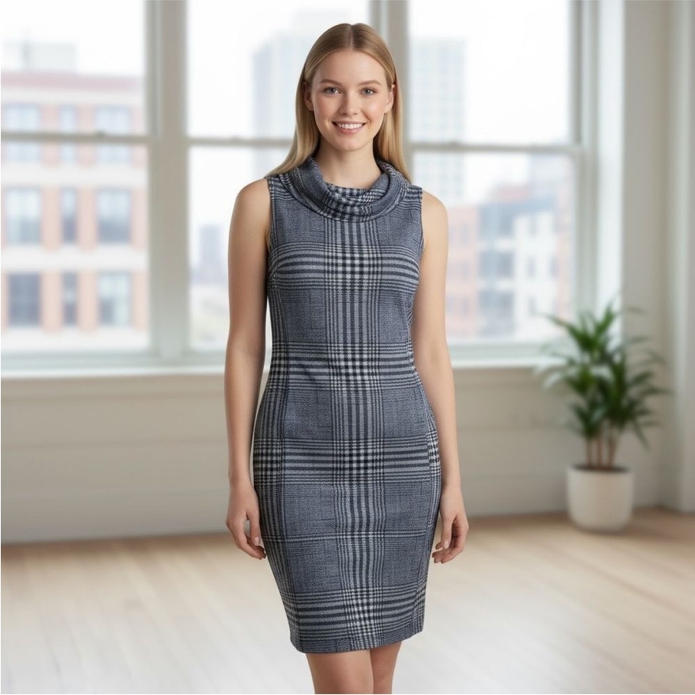 J McLaughlin Cowl Neck Dress in Blue/White Plaid